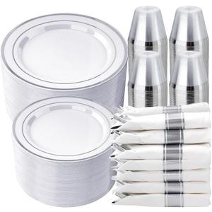 350 PCS White and Silver Plastic Dinnerware Set for 50 Guests, 100 Disposable Plates for Party, 50 Pre Rolled Napkins with Silver Silverware, 50 Cups