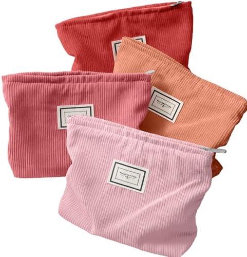 Sanwuta 1 Pack Velvet Makeup Bag Cosmetic Bag for Women Large Capacity Corduroy Pouch Zipper Canvas Travel Toiletry Purse Make up Organizer Case Accessories(Red Series,Plaid)