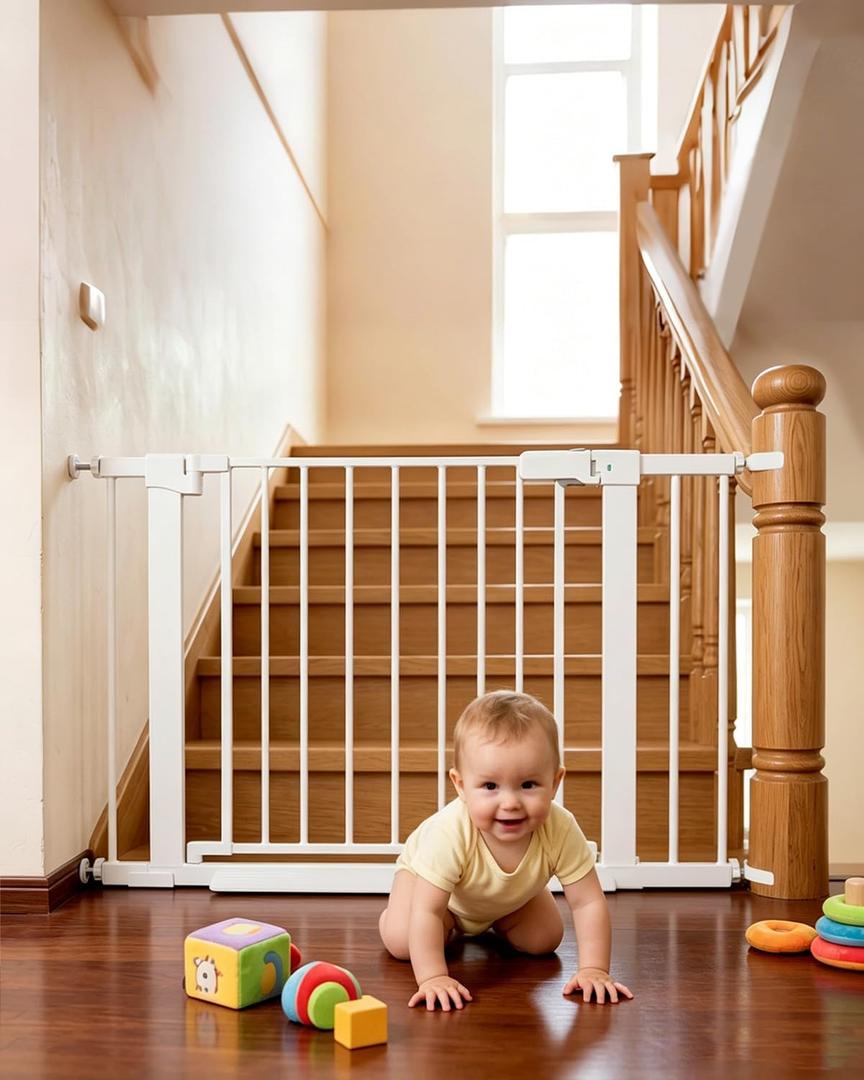 Miumoon 29.5"-40.6" Pressure Mounted Baby Gate for Stairs & Doorways | Dog Gate with 4 Main Rods & 2 Round Banister Adapters for Doorways & Stairs, Auto-Close Walk-Through Child Gate, 30.5" Tall