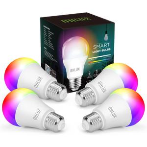 OHLUX Smart WiFi LED Light Bulbs Compatible with Alexa Google Home 900Lumen 100W Equivalent, RGBCW Multi-Color, 2700-6500k Dimmable,Voice Control 9W E26 A19 Color Changing Bulb-4PACK