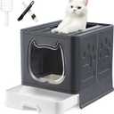 Gefryco Litter Box with Lid for Small to Medium Cats, Enclosed Cat Litter Box with CoverHigh Sided Top Entry Cat Box with Brush and Scoop, Cute Kitty Litter Pan with Drawer for Growing Kitten(Black)