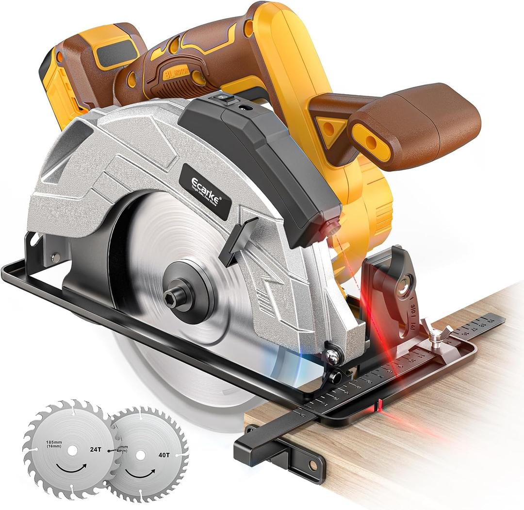 Ecarke 7-1/4" Cordless Circular Saw, Compatible with DeWalt 20V Battery (Bare Tool), 5000 RPM Electric Circular Saw with Laser Guide, 2 Blades (24T & 40T), 045 Bevel, 2-1/4" Cutting Depth (Yellow & Brown)