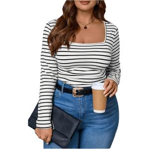 Milumia Women's Plus Size Striped Square Neck Long Sleeve Tops Casual Tee Shirt Top Black and White 3XL