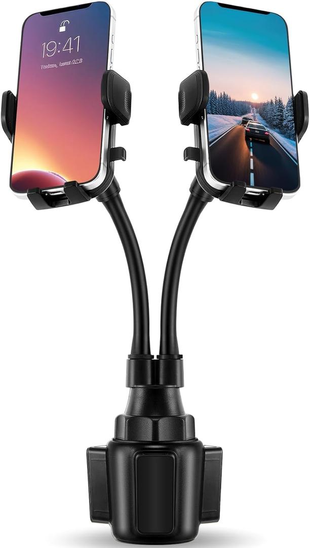 DaisyInner Dual Phone Holder for Car 360 Rotatable Car Mount Long Flexible Neck Adjustable Double Holder Universal Size Fits for Most 2 Phones 2.6"-4.3" Phone (Cradle)