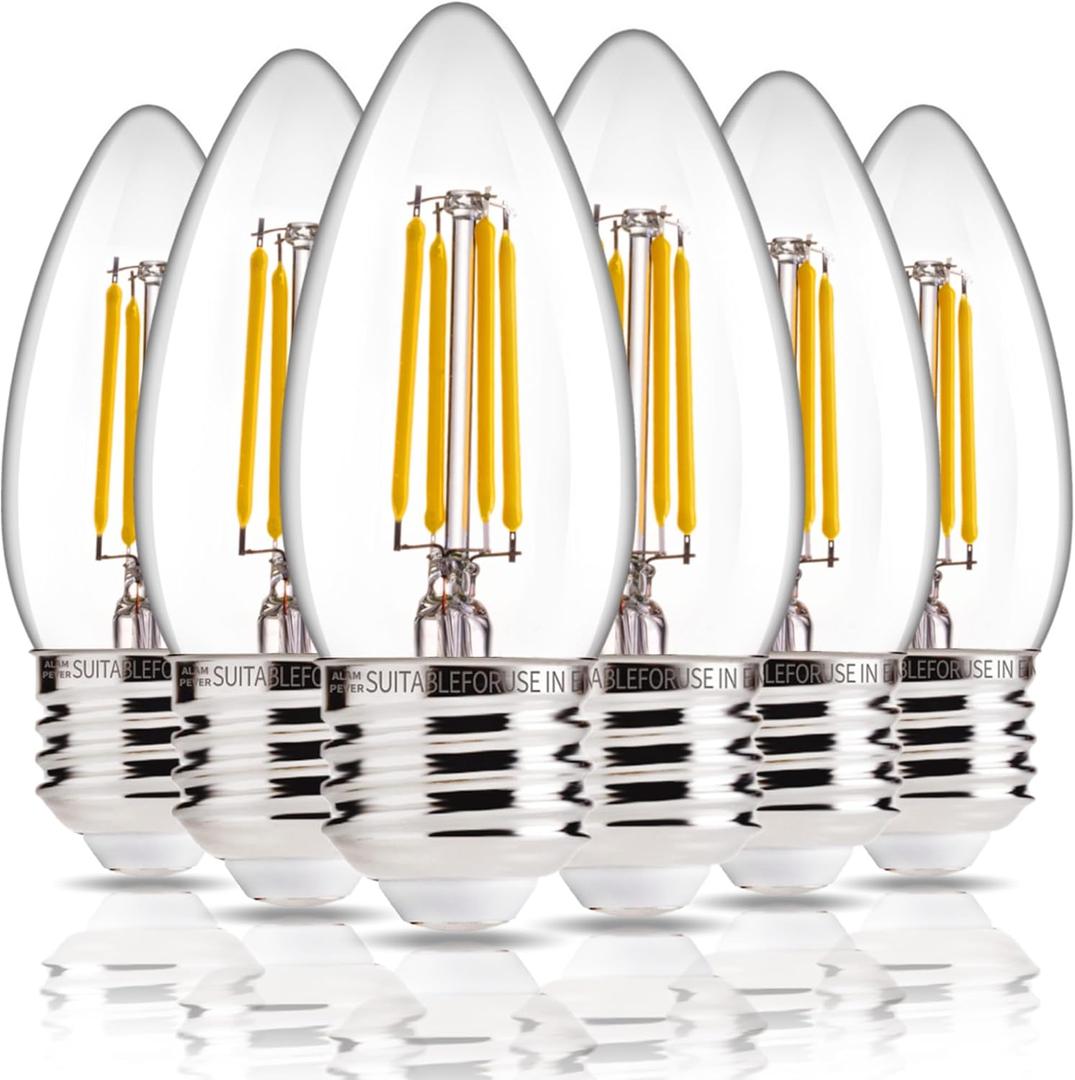 ALAMPEVER E26 LED Bulb 60W Equivalent, Dimmable B11 Candelabra Light Bulbs, 2700K Soft White, 450LM, Vintage Edison Style, Perfect for Ceiling Fans & Home Decor, Pack of 6 