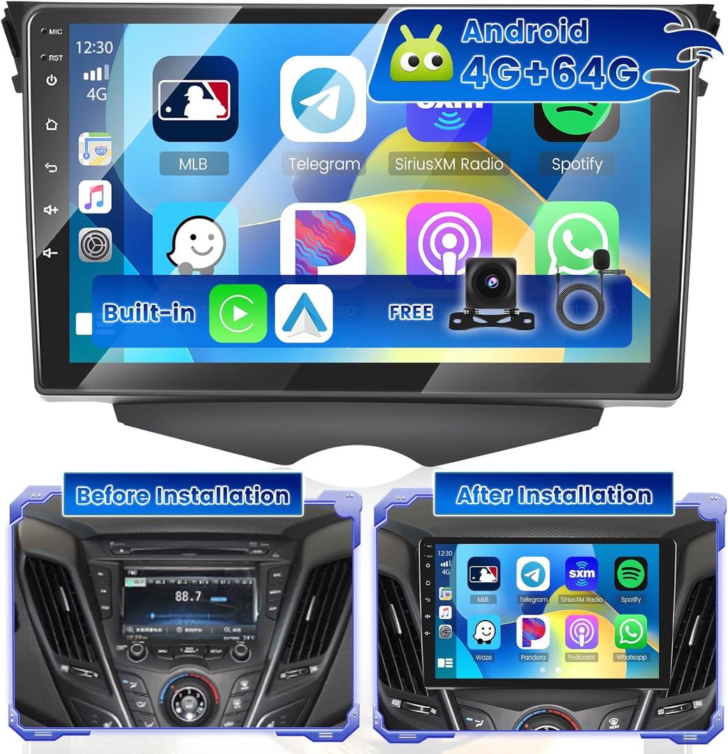 [4+64G] Hikity Android 15 Car Stereo for Hyundai Veloster 2011 2012 2013 2014 2015 with Wireless Carplay Android Auto, 9 Inch Touch Screen Radio with Mirror Link Bluetooth WiFi Backup Cam SWC