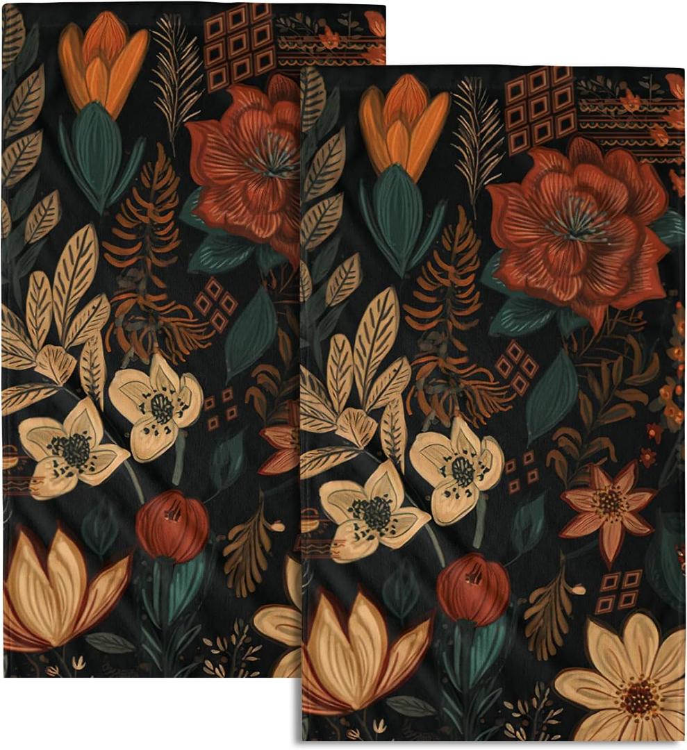 Giwawa Boho Floral Hand Towels Set of 2 Black Mid Century Fingertip Towel Absorbent Face Towel Soft Dish Towels for Gym Bath Kitchen Home Decor