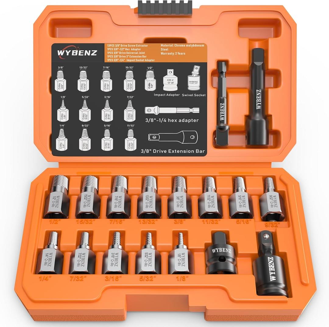 17Pcs Screw Extractor Set, 3/8" Inch Drive Easy Out Bolt Extractor Set, Multi-Spline Stripped Screw Extractor Kit, Bolt Remover for Broken Bolts, Nuts & Screws, with Extension & Adapter Accessories