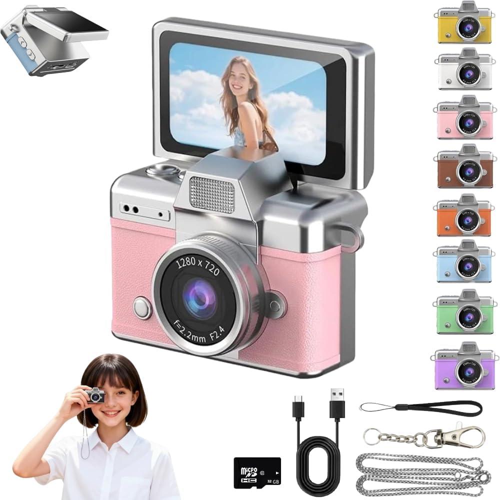 Mini Keychain Digital Camera Retro Mini Digital Video Camera Small bodycam 1080P FHD Recording with 0.96" IPS Screen with 6 Retro Filters AVI Format-Ideal for Phone Transfer (Pink, 32G)