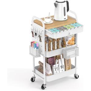 ALVOROG Rolling Cart with Drawer and Wood Table Top, 3 Tier Metal Rolling Utility Cart on Wheels with DIY Pegboards, Hanging Baskets, Hooks for Kitchen, Bedroom, Office, Craft Supplies (White)