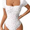 SOLY HUX Bodysuits for Women Floral Print Sweetheart Neck Short Sleeve Ruched Bodysuit T Shirt Tops (Large)