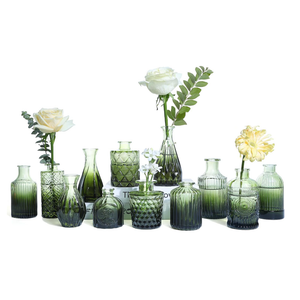 Green Glass Bud Vases Set of 12, Mini Flower Vase for Centerpieces, Small Glass Vases in Bulk for Wedding Decorations, Vintage Vase for Bridal Shower, Party, Recepetion, Home Table Décor