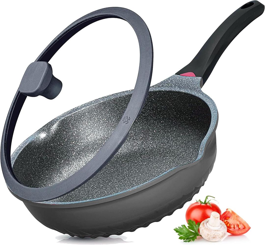 Vinchef Nonstick Skillet with Lid, 11In/5Qt Aluminum Deep Frying/Saute Pan with Lid and Heat Indicator, Anti Scratch and Anti Stain, Induction Compatible (11inch Black)