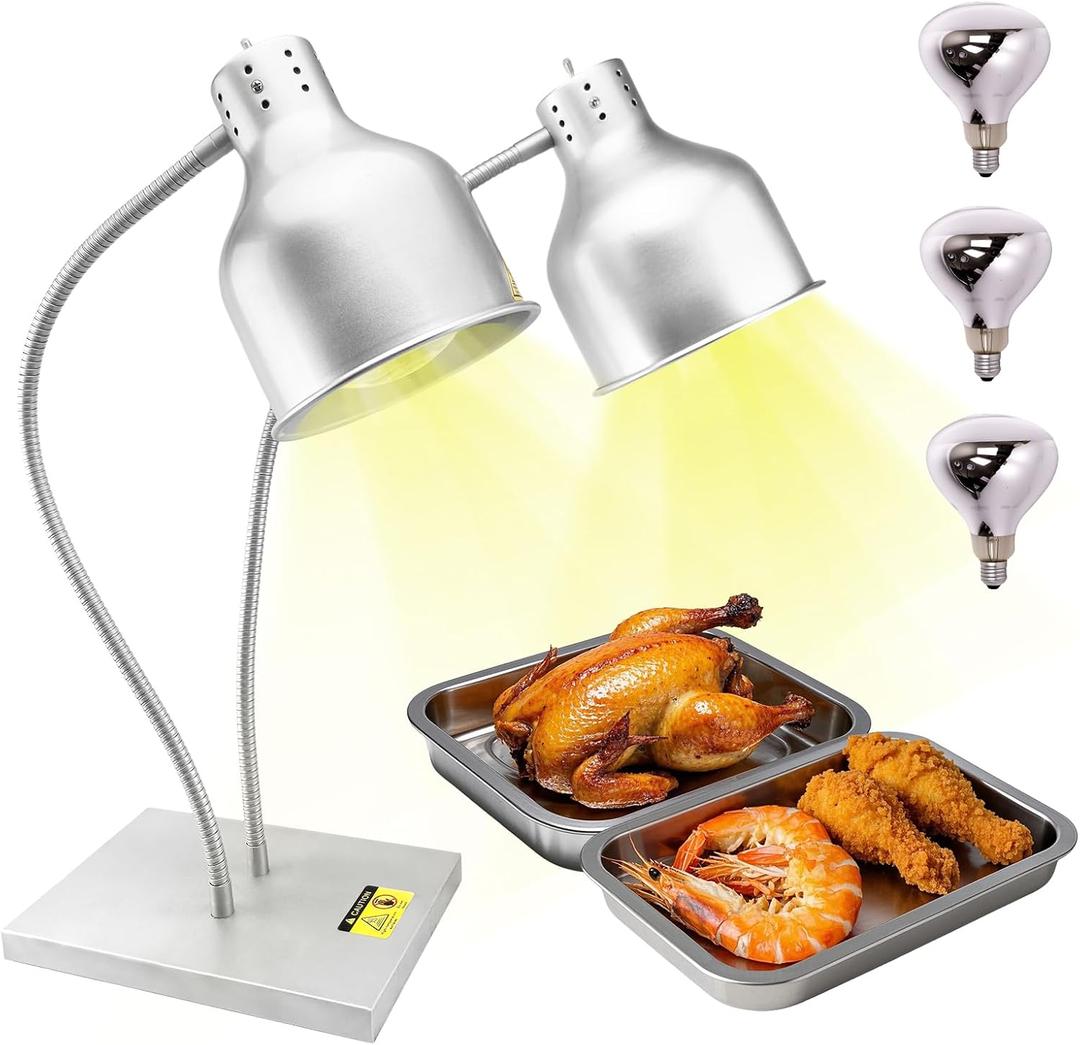 Commercial Head Food Heat Lamp, FUXULLACO Portable Electric Food Warmer 3-Bulb 550W Electric Warming Lights for Food Service Restaurant Buffet Kitchen (Silver)