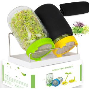 Kitmiido Seed Sprouting Kit, 2 Large Wide Mouth Mason Jars with Sprout Lids, Blackout Sleeves, Drain Tray, Stainless Steel Stand, Sprouts Growing Kit for Bean, Broccoli, Alfalfa (Yellow+Green)
