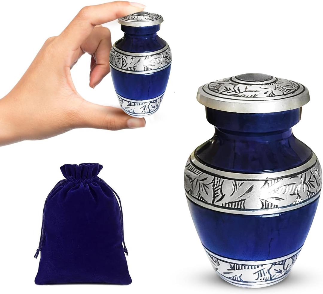 Brass Small Keepsake Cremation Urns for Human Ashes Adult with Velvet Bag, Purple Marble Finish, Hand Engraved Mini Funeral Urns for Both Male and Female, 3" Inch Size (1 Pcs Small)