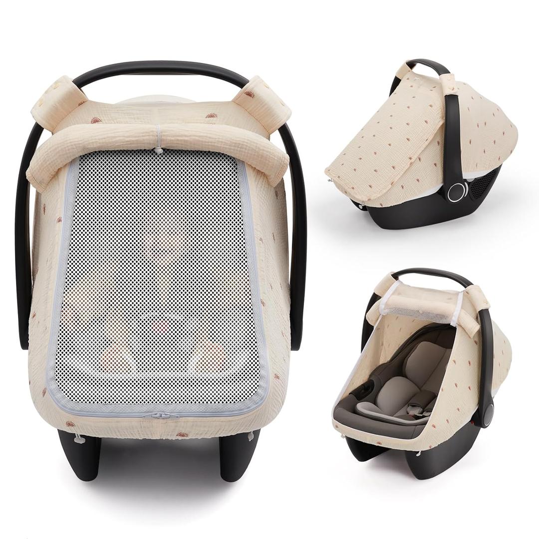 Blissful Diary Baby Car Seat Cover, Extra Large Mesh Window, Breathable Muslin Cotton, Infant Windproof Canopy, Must-Have Baby Gift - Sunshine