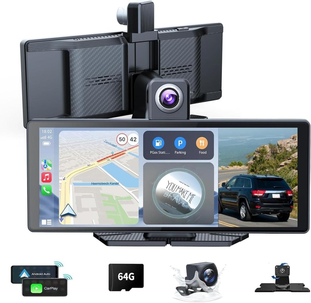 10.26" Wireless Portable Carplay Screen CarPlay & Android Auto Car Stereo 360 Rotation 4K Dash Cam 1080p Rear Camera Mirror Link Voice Control, GPS Navigation, FM Radio Receiver (Black)