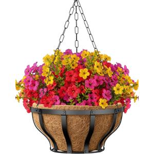 VOXOR Artificial Hanging Flowers with Hanging Baskets for Outdoors, 12 Inch Metal Hanging Planter with 12 Bundles UV Resistant Fake Flowers, Faux Hanging Plants for Porch Patio Garden Balcony Decor