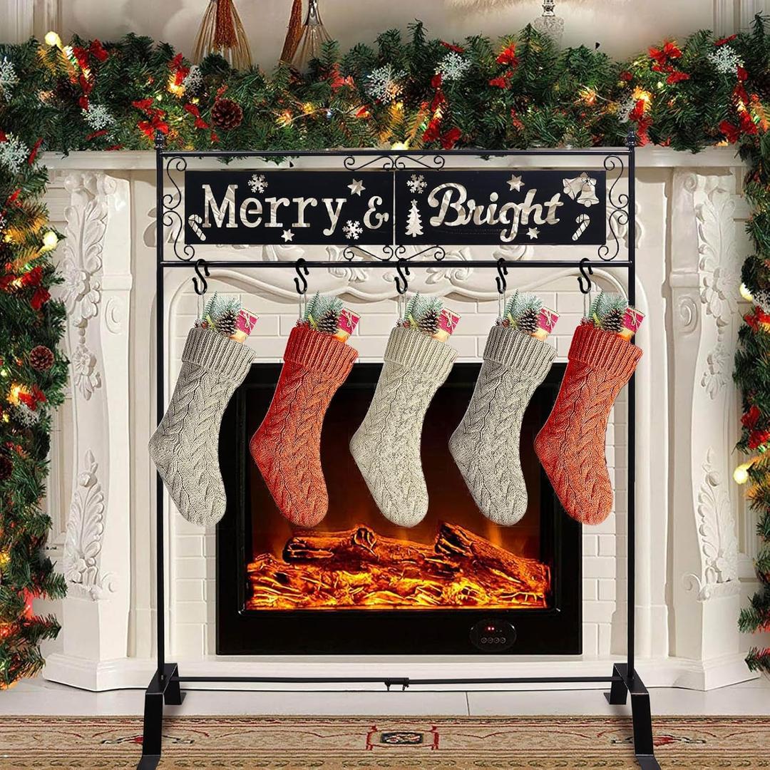 YEAHOME Christmas Stocking Holder Stand, Merry Bright Metal Stocking Stand with Openwork Snowflake Pattern, Freestanding Stocking Hanger with 5 Non-Slip Hooks for Home Living Room Fireplace, Bronze