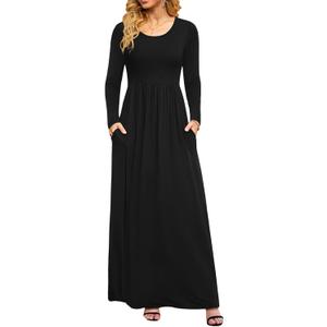 DB MOON Women Casual Long Sleeve Maxi Dresses Empire Waist Long Dress with Pockets (Large, Black)
