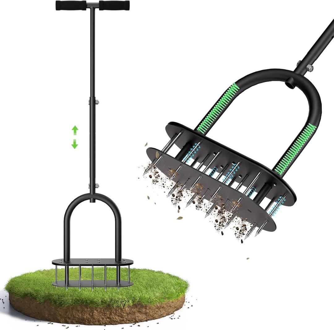 seasky Lawn Aerator, Manual Lawn Aerator Tool with Padded T-Handle, Wide Foot Plate & 15-3 Inch Solid Steel Spikes, Dual-Layer Design for Effortless Aeration in Lawn, Yard and Garden Soil (Black)