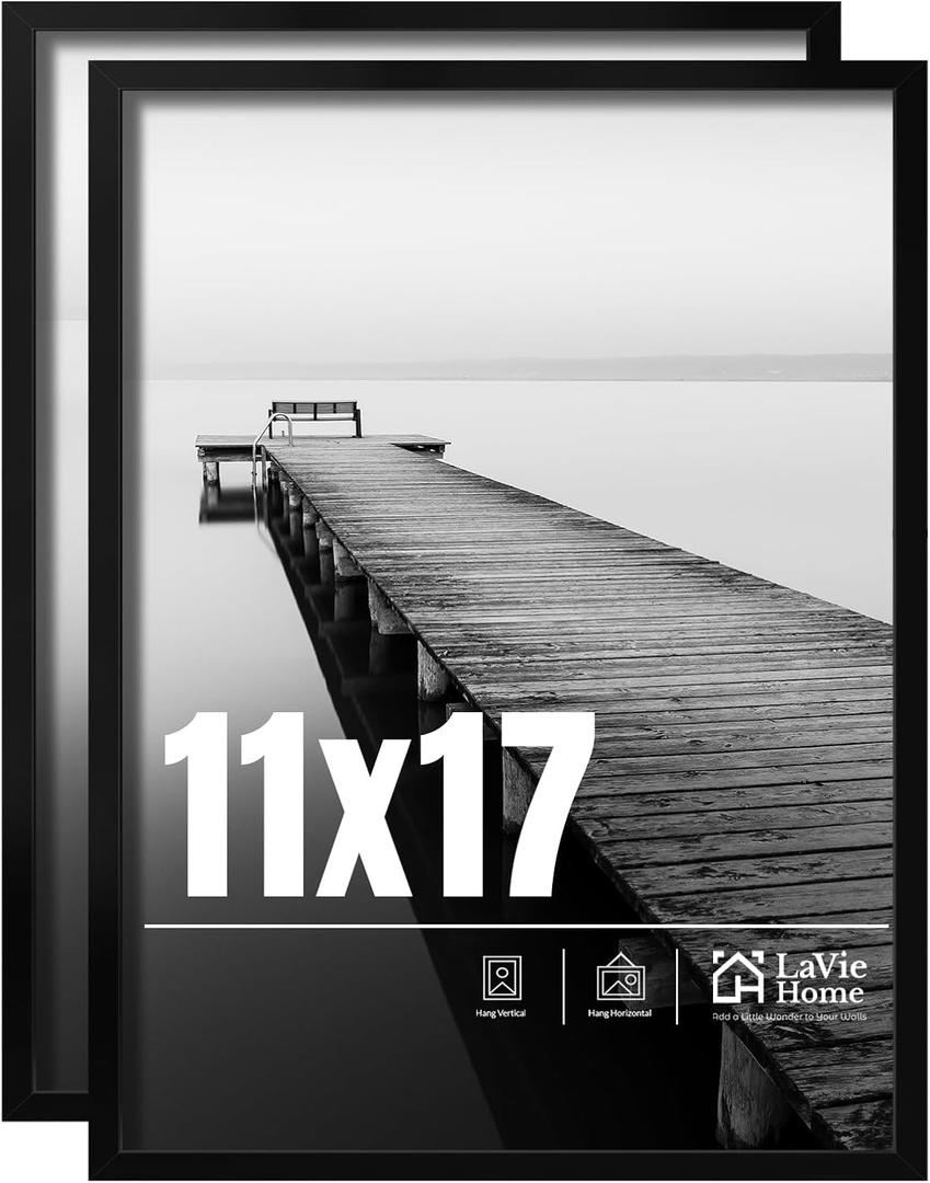 LaVie Home 11x17 Picture Frame 2 pack, Display Pictures 11 x 17 Poster Frame, 11x17 Black Photo Frame with HD Plexiglass, Display Frame for Vertical or Horizontal, Classic Collection