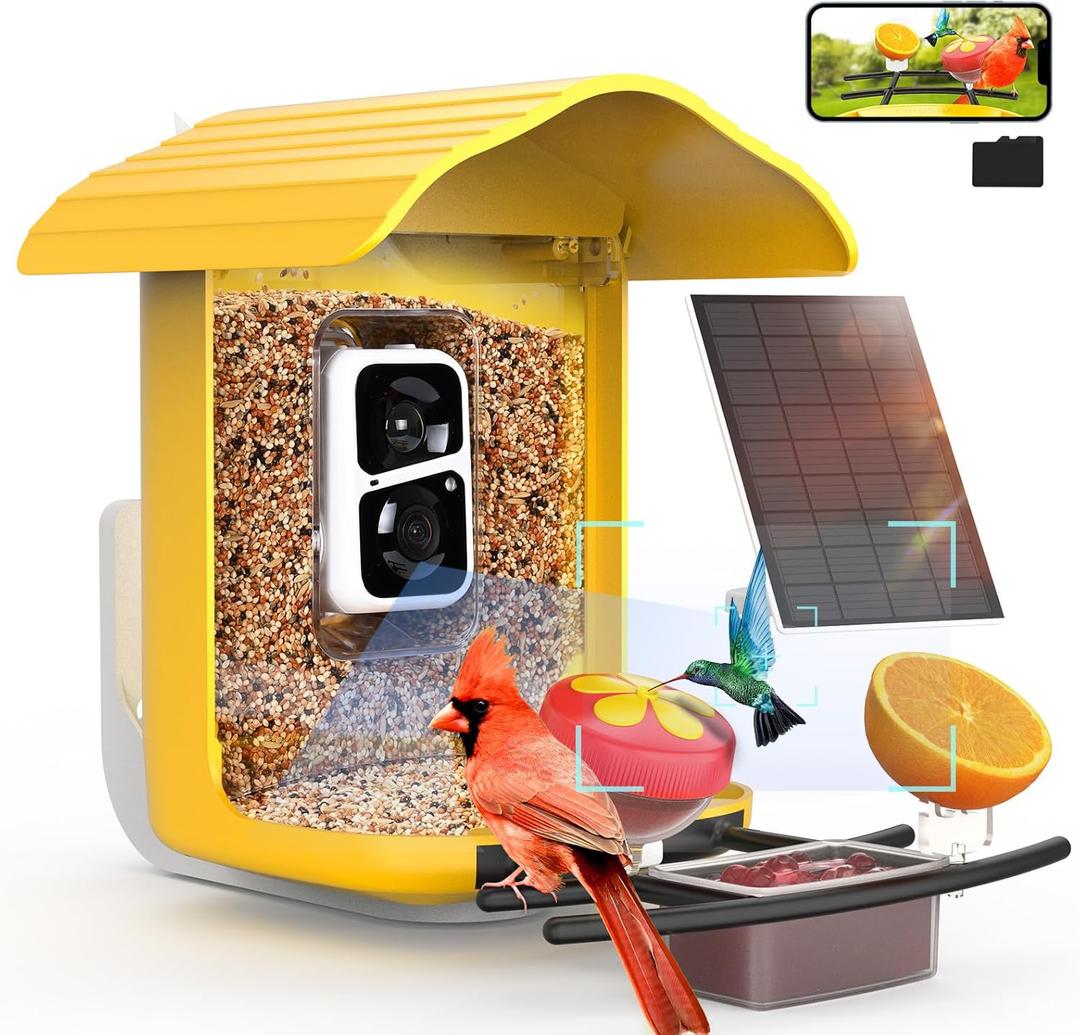 birdsnap PAV-Bird Feeder with Camera,2K HD with 64GB Card, AI Identify Smart Bird House Cam Solar Panel,Live Stream,Motion Detection,Auto Record Video for Backyard Outdoors,Ideal Gift for Bird Lover (Dark Yellow)