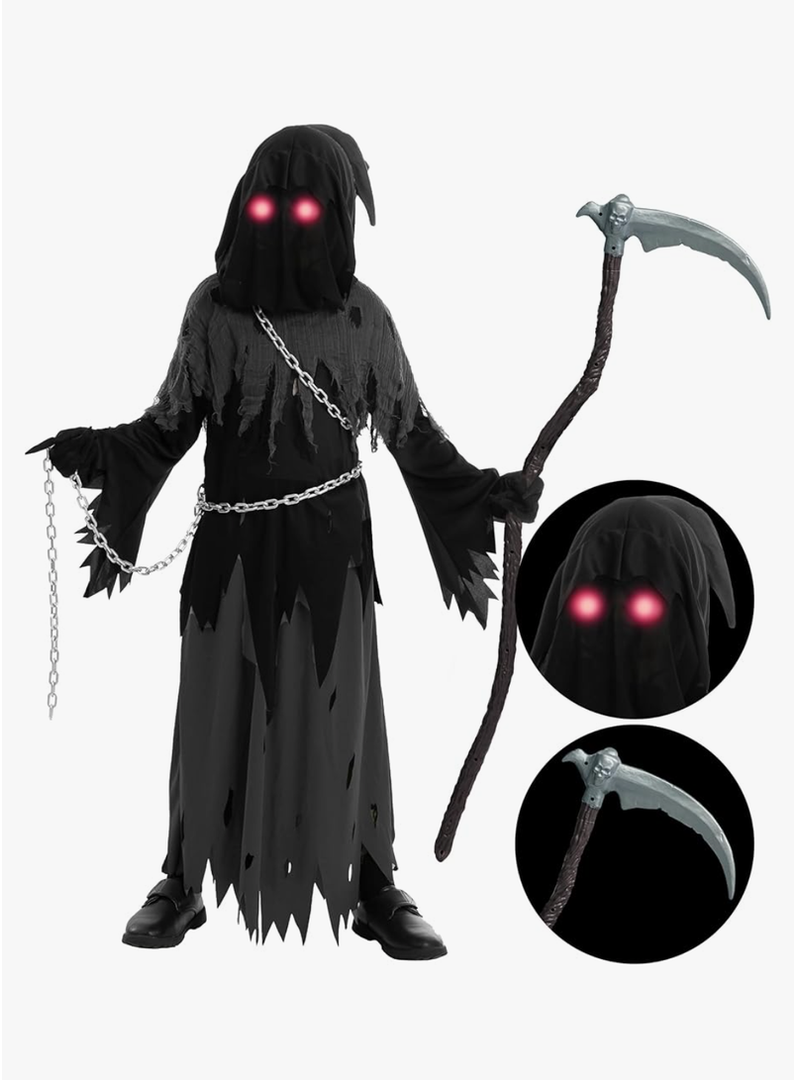 Spooktacular Creations Glowing Eyes Grim Reaper Costume for Kids, Halloween Costume for Boys, Halloween, Dress-up Party, Size XL for 12-14YRS