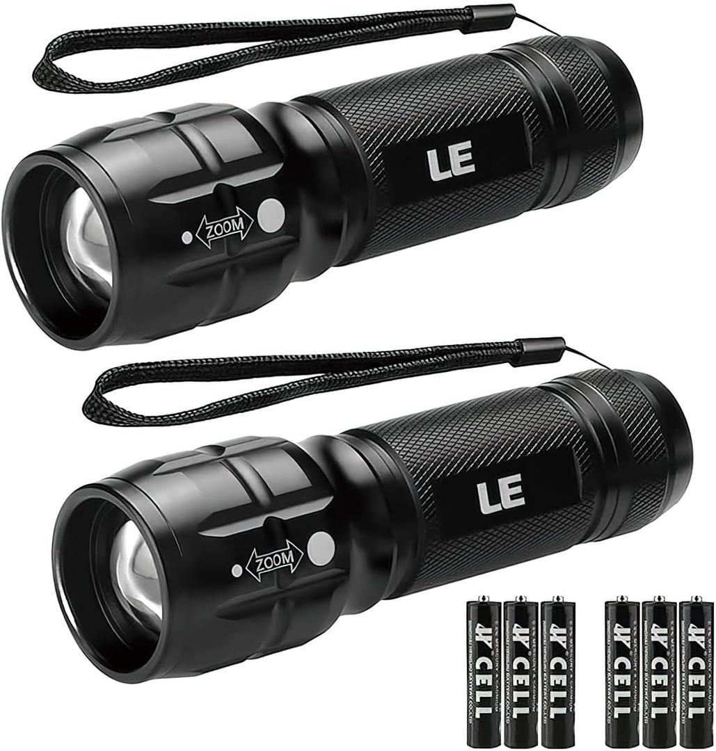 Lighting EVER LED Flashlights High Lumens, Small Flashlight, Waterproof, Adjustable Focus Flash Light for Outdoor, Emergency, Camping, AAA Batteries Included, 2 Pack (Black)