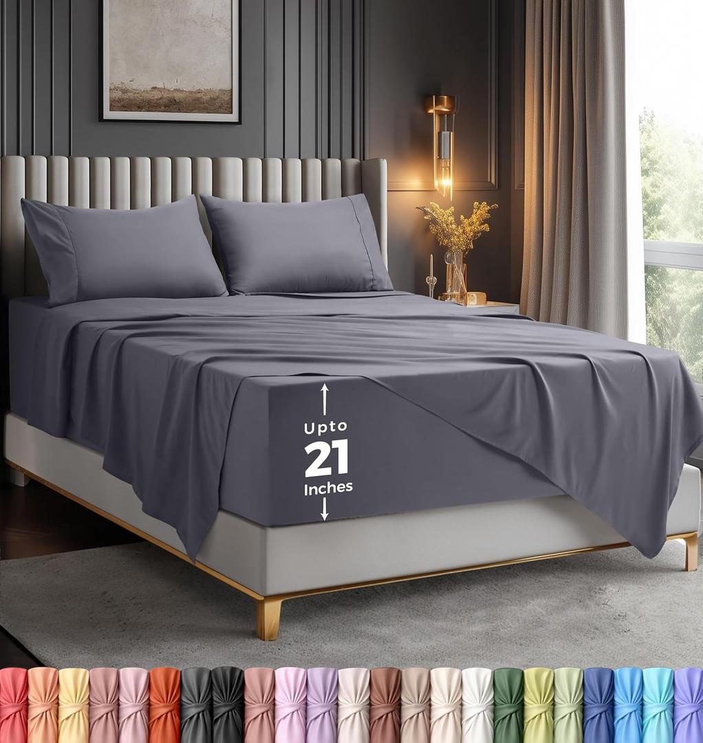 Utopia Bedding Queen Size Extra Deep Pocket Sheet Set Fits Mattresses Up to 21 inches Cooling, Soft & Breathable Oeko-Tex 4 Piece Bed Sheets (Grey)