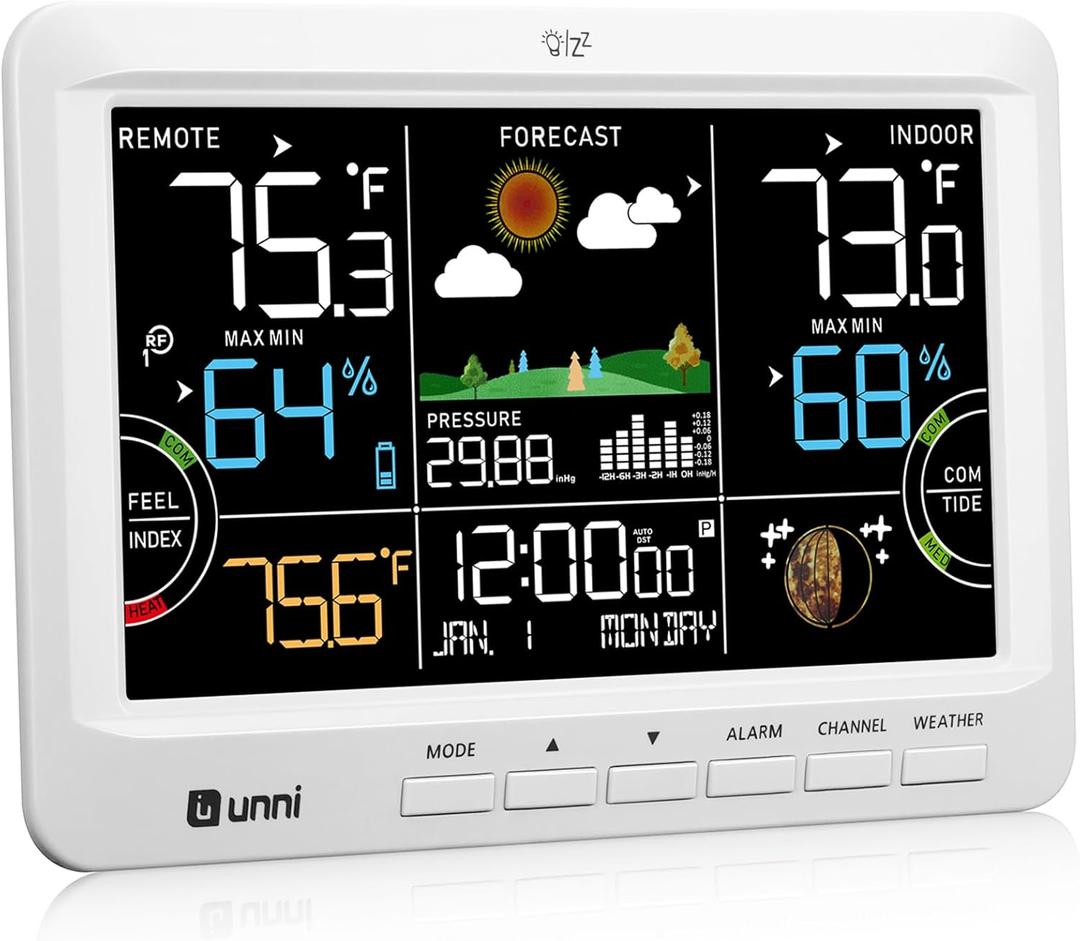 Weather Station Indoor Outdoor Thermometer Wireless, Home Atomic Clock with Large Constant Display, Inside Outside Temperature Humidity Monitor, Dew Heat Point, Barometer White