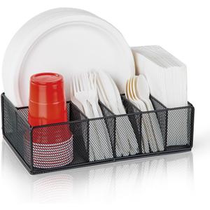 Paper Plate Organizer for Countertop, Metal Silverware Caddy for Cup, Napkin, Fork, Spoon, Paper Plate and Utensil Holder, Cutlery Caddy for Party, Camping, Picnic (Black)