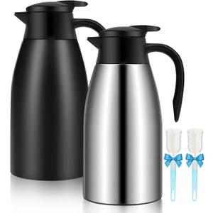 68oz Thermal Coffee Carafe, 2 Pack Airpot Insulated Coffee Urn Stainless Steel Vacuum Thermal Pitchers for Coffee, Hot Water, Tea, Beverage - Keep 12 Hours Hot, 24 Hours Cold (Silver, Matte Black)