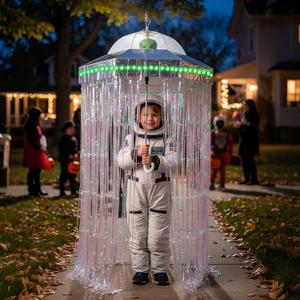 Realspring Halloween UFO Themed Alien Decoration Umbrella with Green Alien, Tinsel Streamers, LED Lights Flying Saucer Costume Cardboard UFO Spaceship Set for Halloween Decoration Outdoor