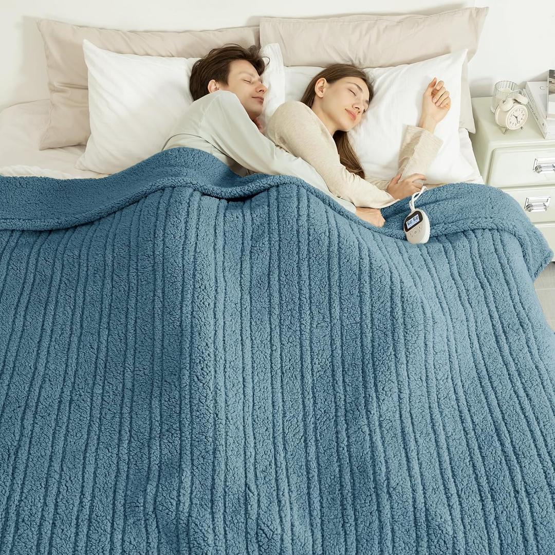Electric Blanket Queen Size Single Control - Soft Double Sided Sherpa Heated Blanket with 6 Fast Heating Levels & 10 hrs Timer Settings, Washable & Overheat Protection for Bed, Blue (84"X90")