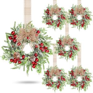 Zeyune 6 Set Christmas Wreaths Garland Kitchen Cabinet Wreath 9 Inch Mini Faux Windows with Burlap Ribbon Artificial Green Farmhouse for Front Door Porch Wall Decor(Eucalyptus)