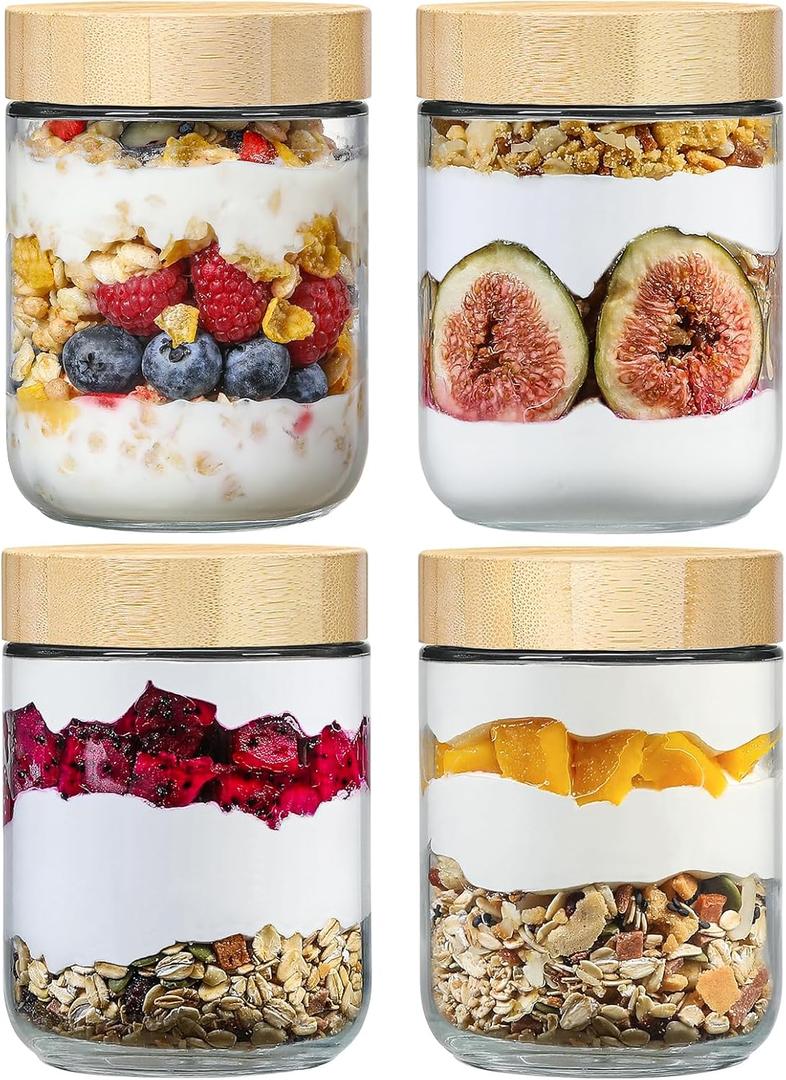 NETANY 4-pack 16oz Glass jars with Airtight Lids, Overnight Oats Containers with Bamboo Lids, Wide mouth Mason Salad jars, Glass Food Storage Containers for Snacks Yogurt Spice Sugar