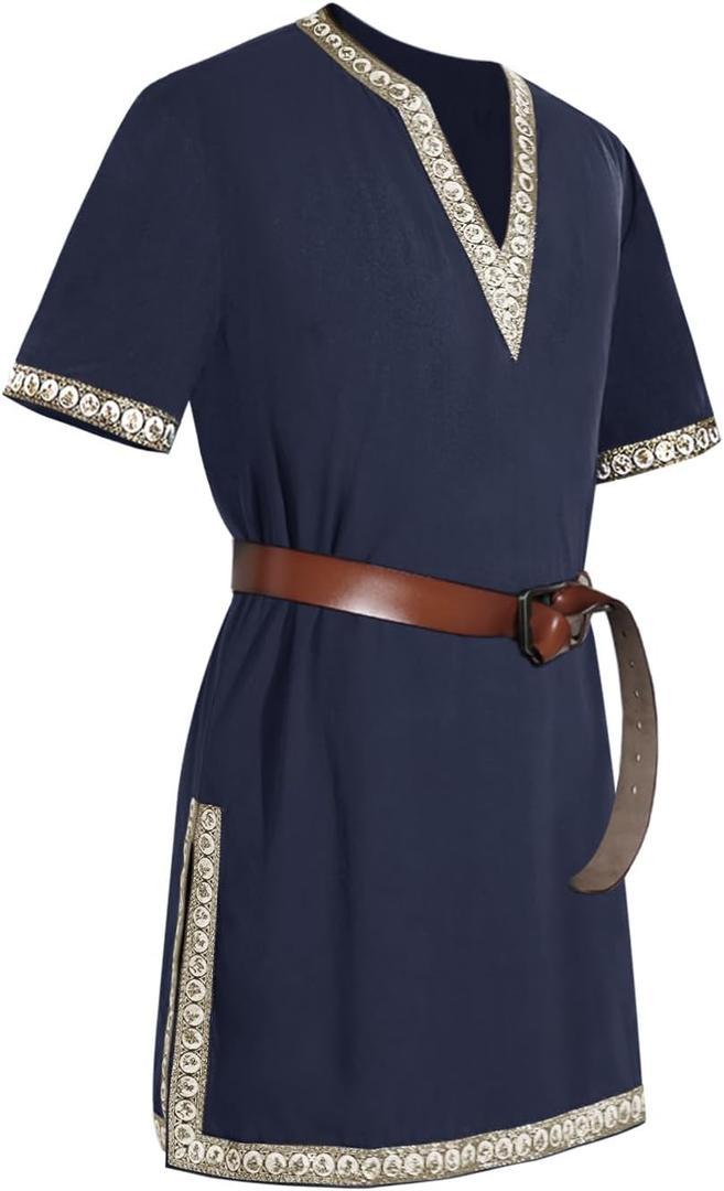 Mens Medieval Knight Tunic Renaissance Mercenary Scottish Costume Warrior LARP Halloween Tops (Medium, Navy Blue)