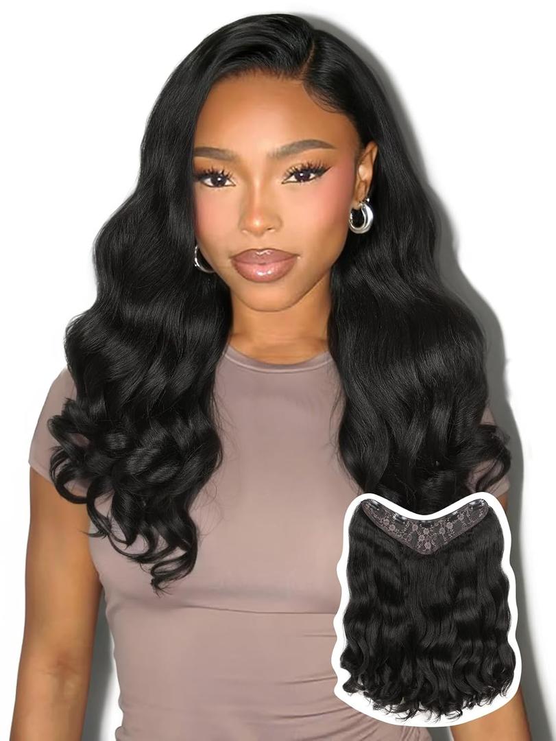 HANNE Yaki Curly V-Shaped Clip In Hair Extensions Black 18 Inch Hair Pieces for Women Clip Ins Clip on Hair Extensions for Women (V-1B, 18-Inch)
