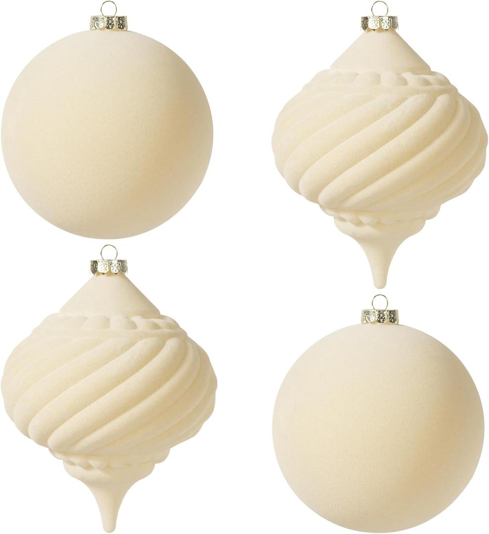 KI Store Large Velvet Christmas Balls 6-Inch Christmas Decorative Hanging Ornaments for Xmas Tree 4pcs (Cream)