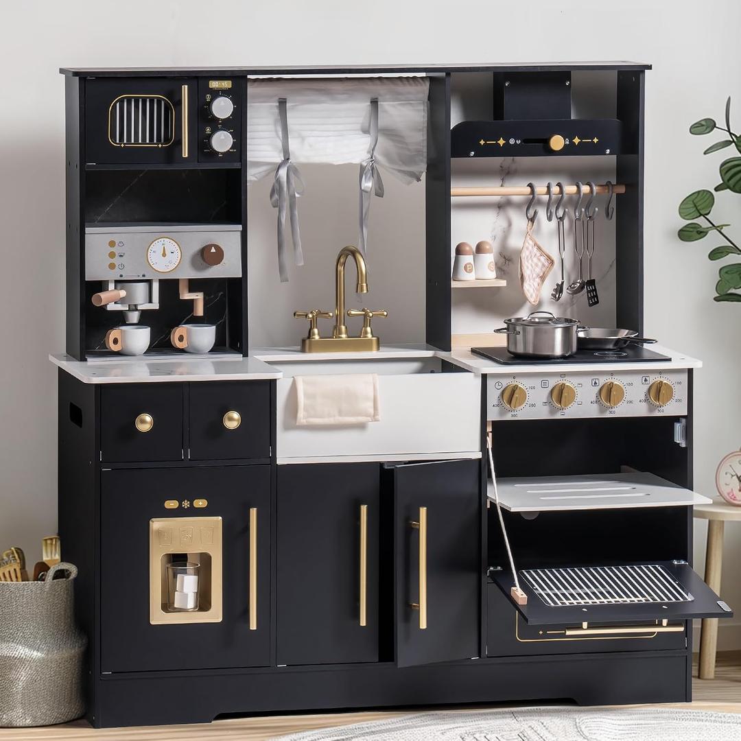 ROBOTIME Wooden Play Kitchen for Toddlers and Kids, Toy Kitchen Set with Ice Maker and Coffee Machine, Realistic Toddler Kitchen Set, Gift for Girls Boys Ages 3+, Large