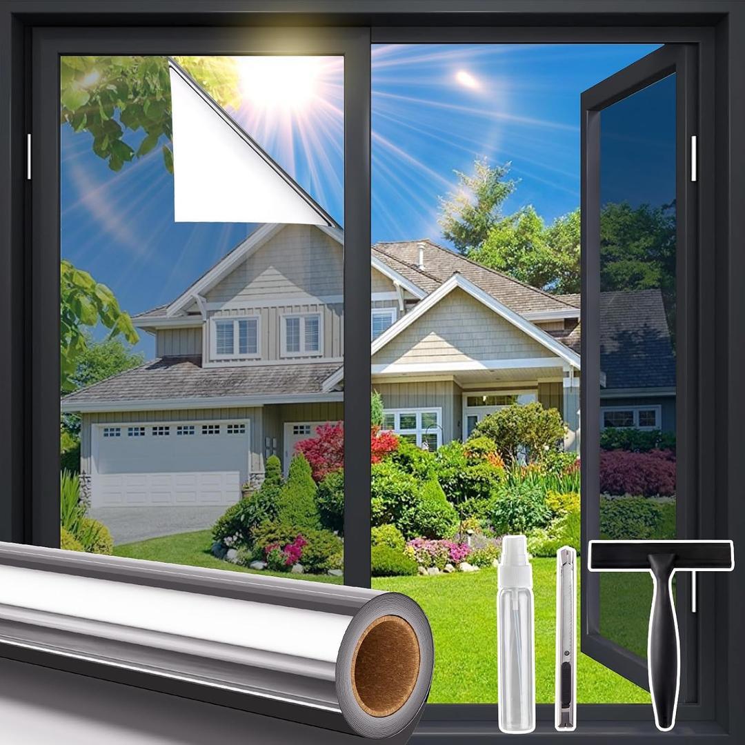 Coavas One Way Privacy Window Film with Tools, Window Tint Adhesive Shatterproof Film for Home, Premium PET Heat Control Daytime Reflective Mirror Coverings, Silver, 35.4 x 78.7 Inch