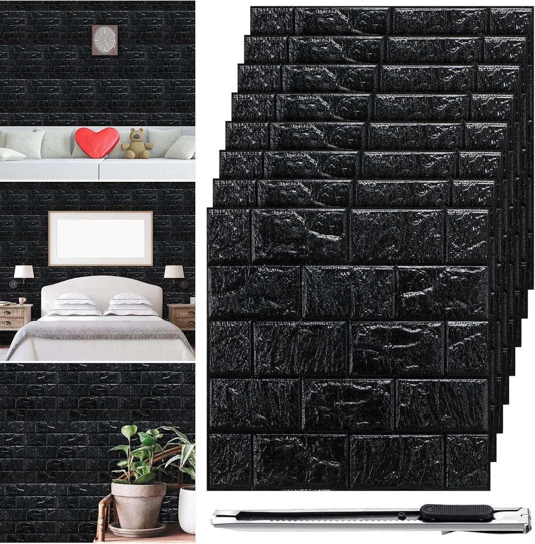 Tinlade 30 Pcs 28.81 Sq ft 3D Wall Panels Peel and Stick Foam Brick Wallpaper Printable Faux Brick Wall Panels Decorative Self Adhesive Tiles Waterproof (Black)