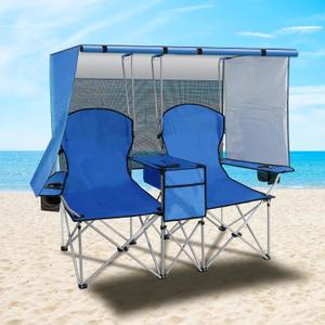 Portable Double Camping Chair with Canopy Shade,Heavy Duty Beach Chairs for Adults,Folding Beach Chair with Cooler Bag for Sports Backyard Fishing OutsideBlue, 60 inches x 36 inches x 54 inches