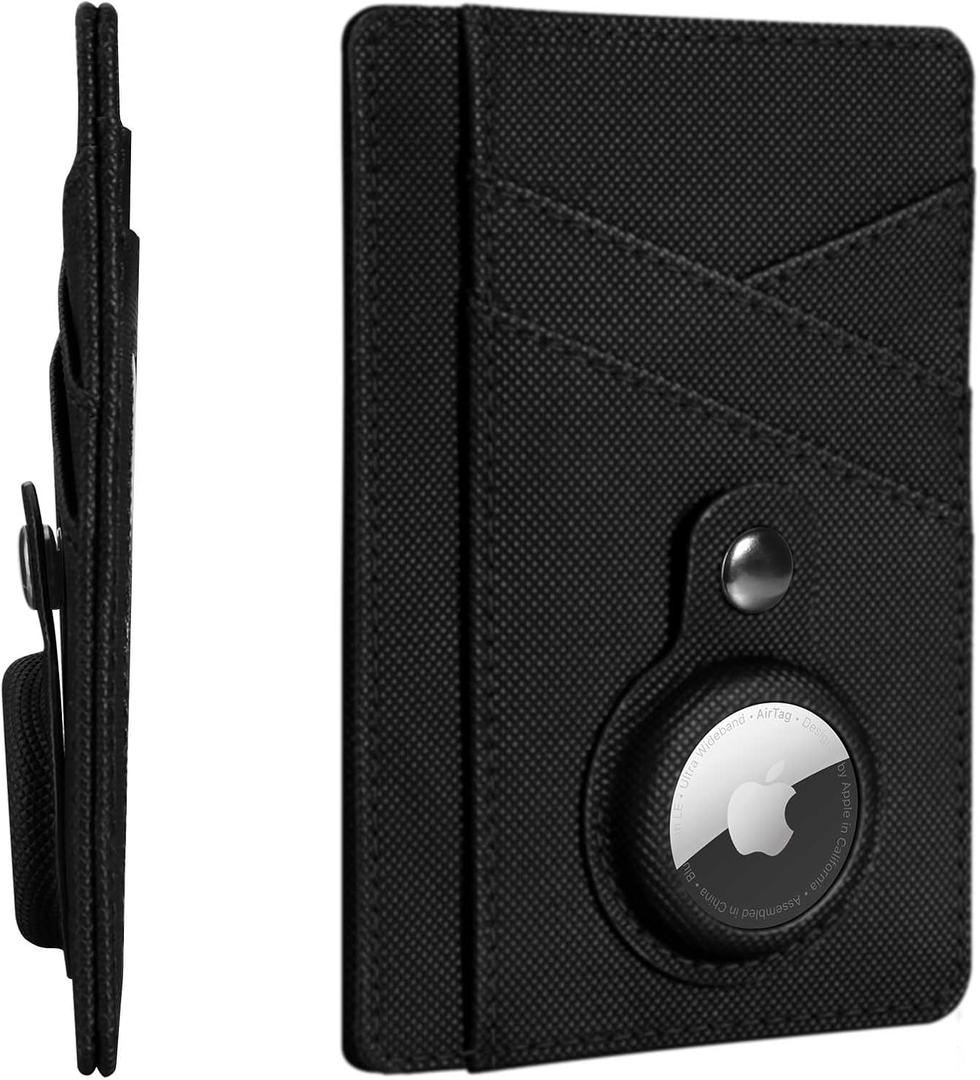 Minimalist Wallet with AirTag Holder Credit Card Holder Slim Wallet for Women, Leather Front Pocket Wallet Compact Small Card Holder Travel Thin Card Case ID Window RFID Blocking (Black)