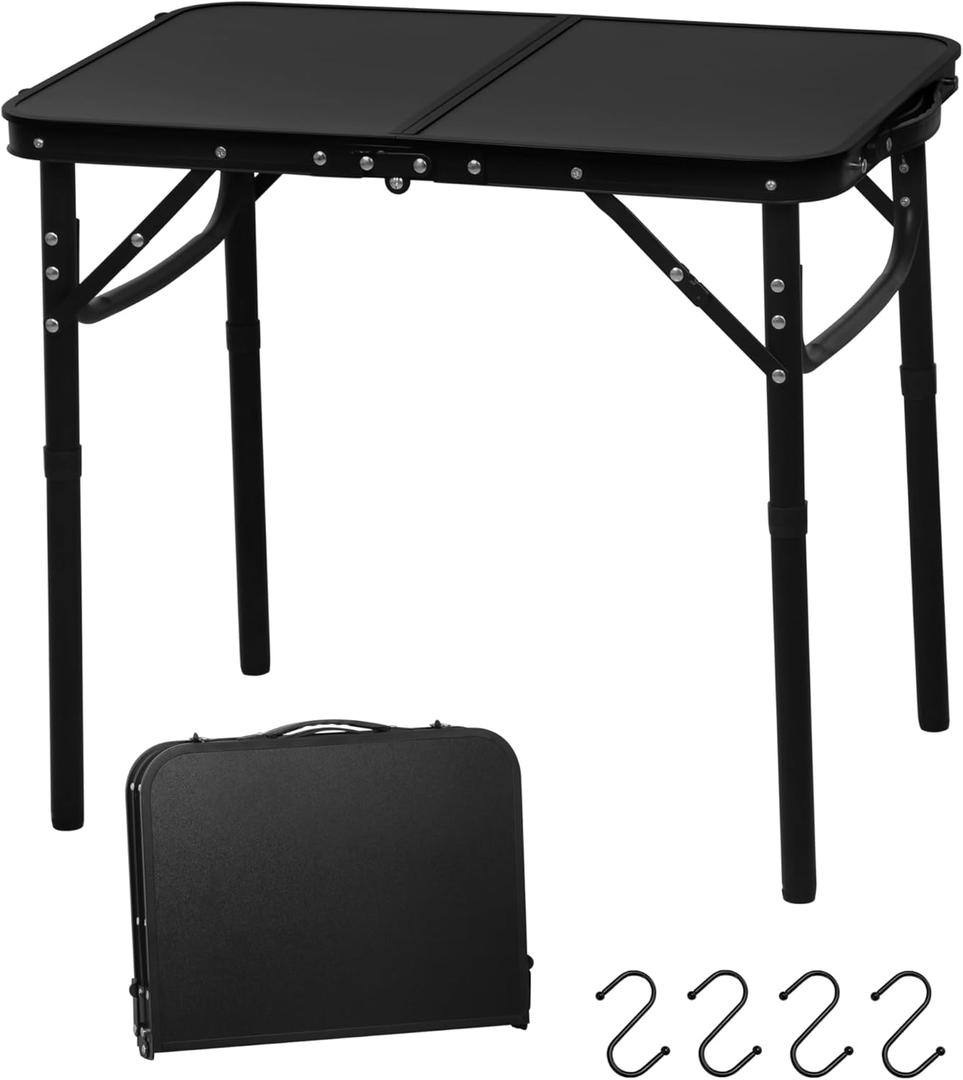 LOFTEY 2024 Reinforced Small Folding Table Portable, Small Foldable Camping Table, Heavy-Duty Mini Folding | Adjustable Height | Lightweight Premium Aluminum with Handle | Black 25"x16"x22"
