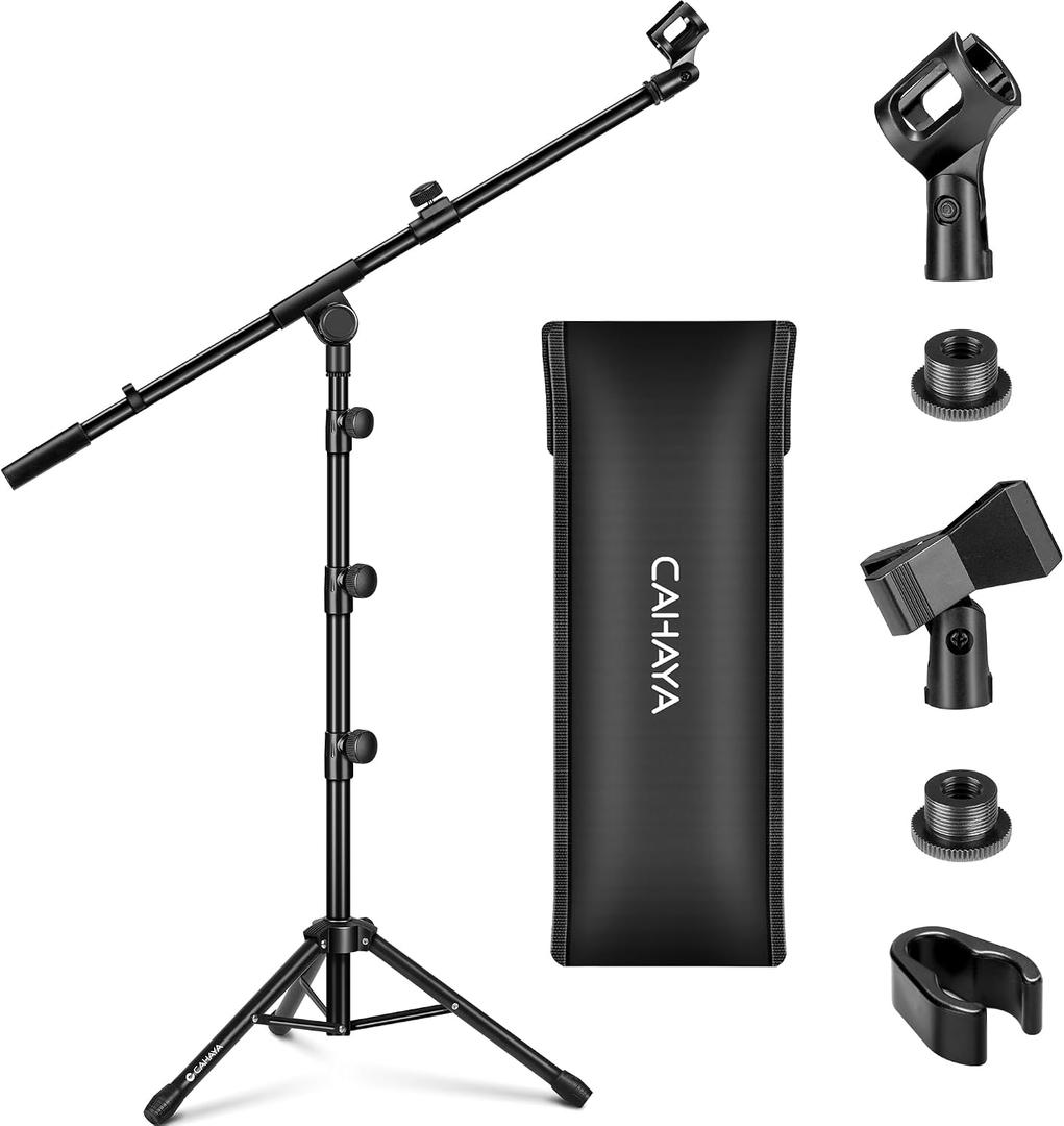 CAHAYA Mic Stand Floor Adjustable - Tripod Boom Arm Microphone Stand with Carrying Bag 2 Mic Clips 3/8" to 5/8" Adapter for Singing Podcast Compatible with Blue Yeti Shure SM58 SM48 Fifine K669B