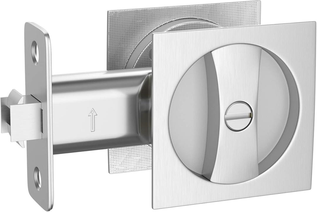 Haidms Brushed Nickel Pocket Door Hardware 1 Pack, Satin Nickel Lock and Handles, Square Locks for Pocket Doors