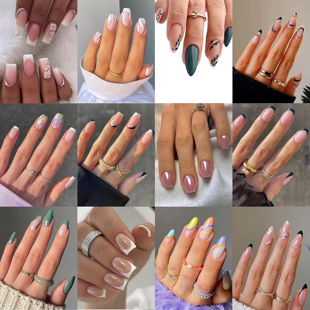 3 x 12packs(288Pcs) Press on Nails - OPkssnails French Tip Press on Nails Short Almond And Square Medium Nails,Reusable Press On Nails Kit with Nail Glue for Women